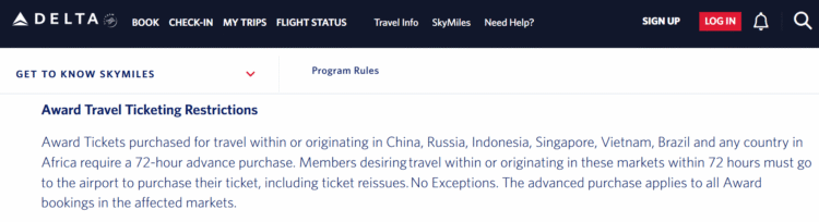 Screenshot of Delta award ticketing restrictions