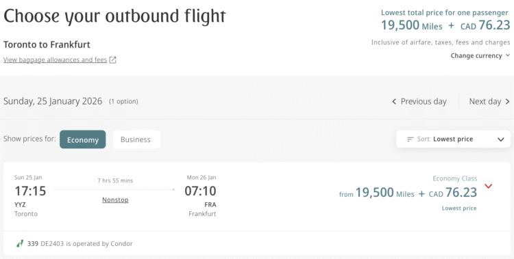Emirates Skywards award from YYZ to FRA