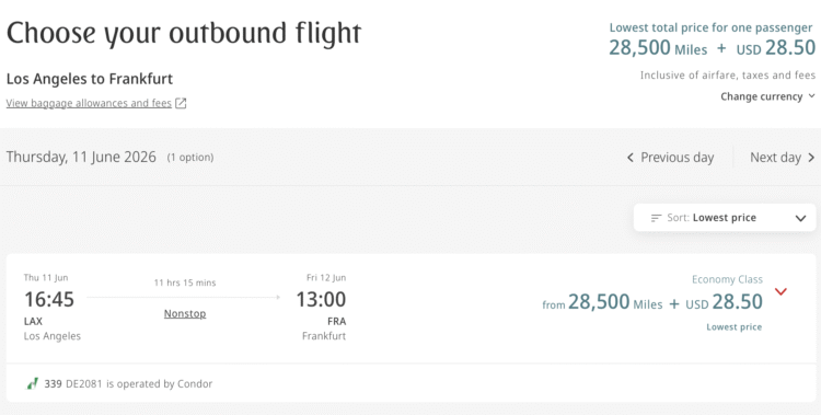 Emirates Skywards award from LAX to FRA