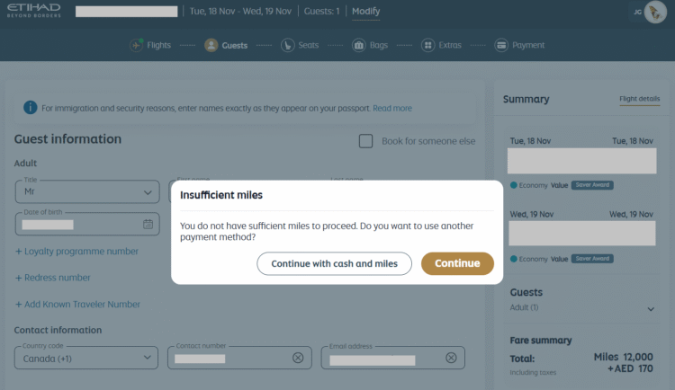 Etihad Guest insufficient miles error
