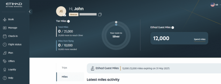 Screenshot of Etihad Guest profile showing miles balance