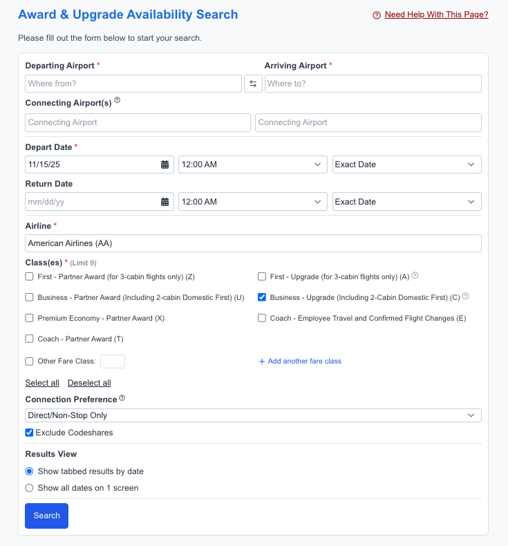 A screenshot of ExpertFlyer's award and upgrade availability search showing options for American Airlines