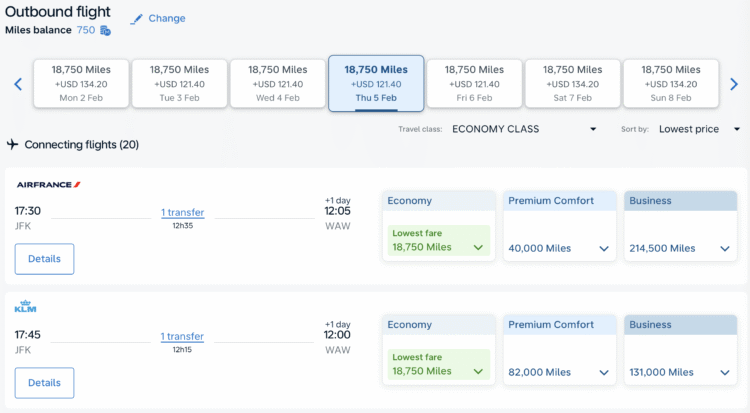 Flying Blue award from JFK to WAW.