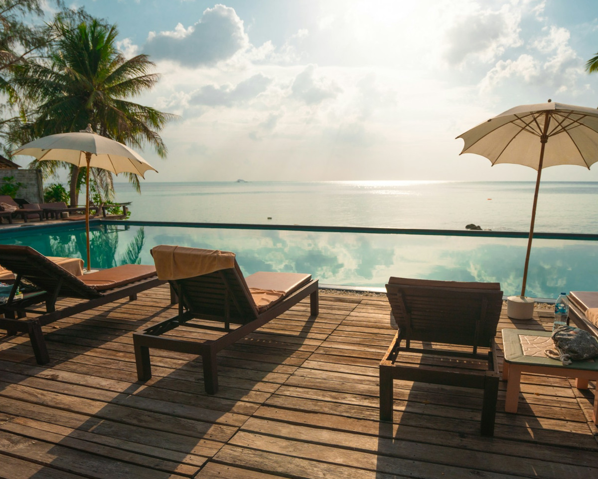 Tropical hotel pool in the sunshine