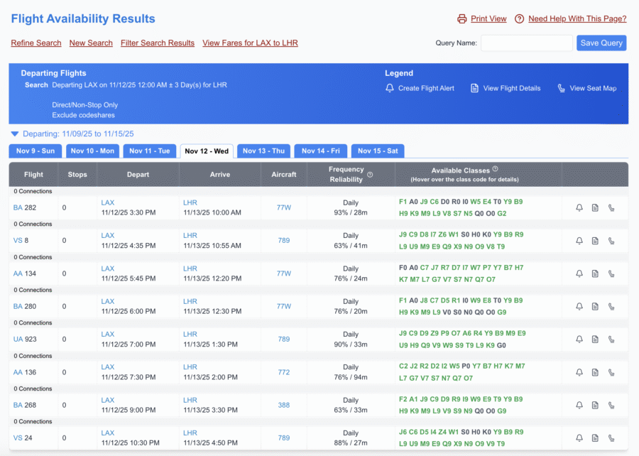 Viewing Available Flights from Los Angeles to London on ExpertFlyer