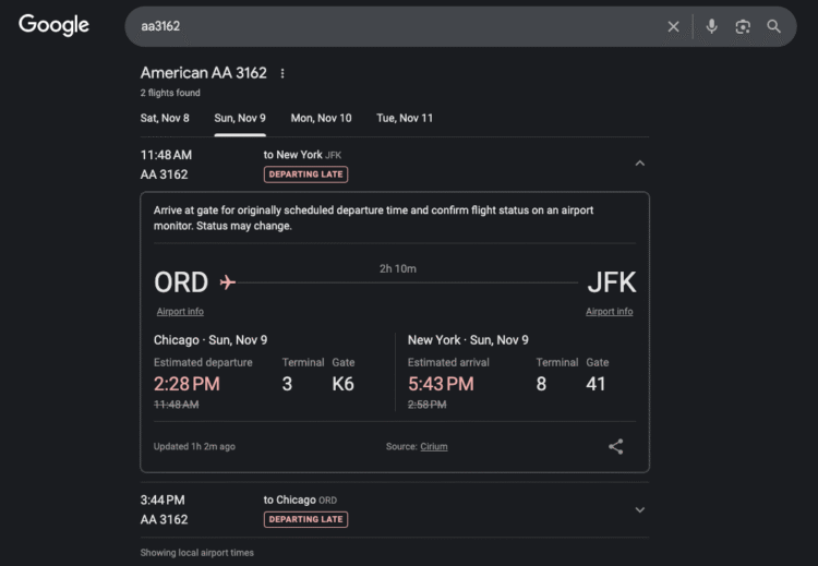 Flight status for an American Airlines flight as shown on Google Search