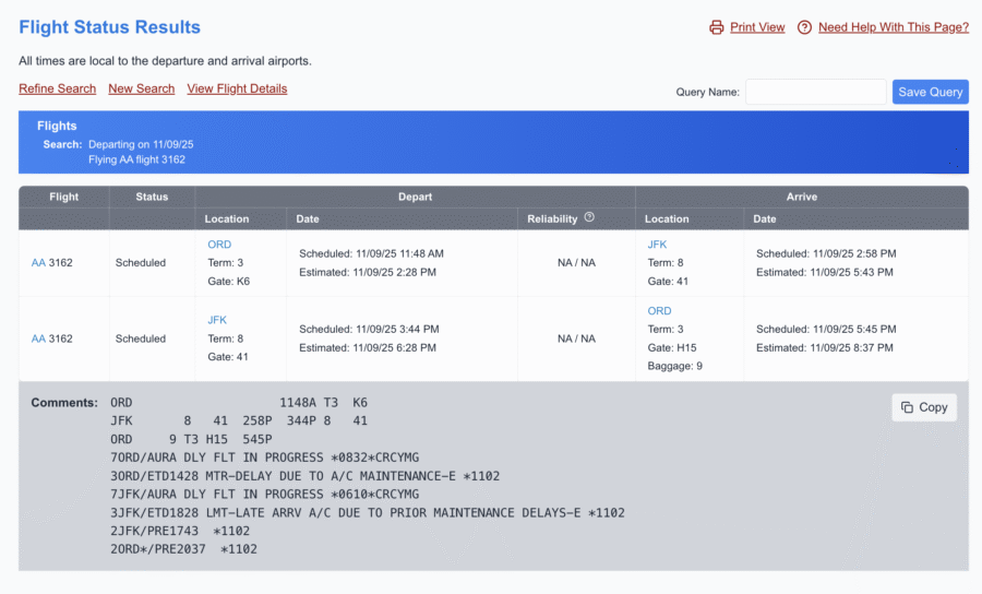 Flight Status Details in ExpertFlyer