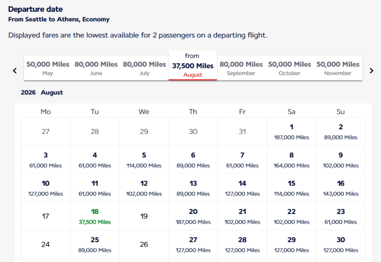 Flying Blue award calendar showing a month of award rates for flights from Seattle to Athens