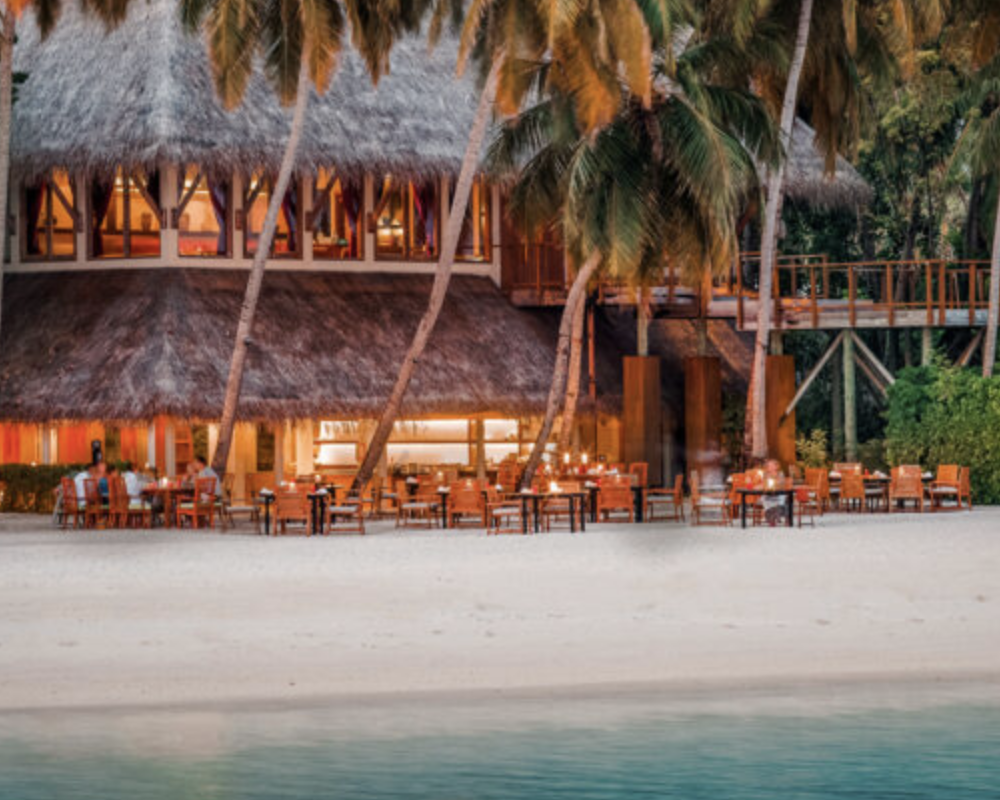 View of the Conrad Maldives Rangali Island from the beach.