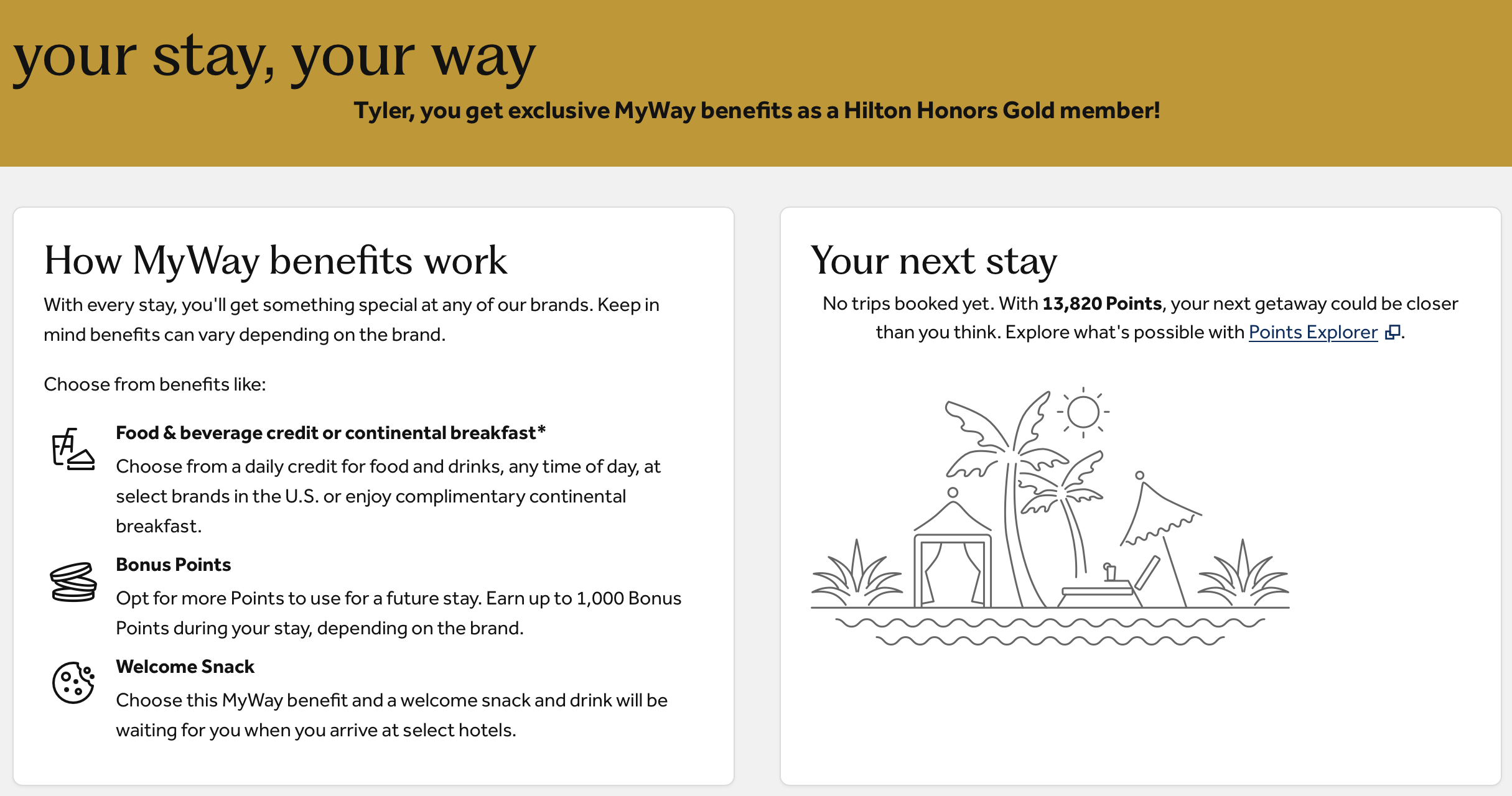 Hilton MyWay Benefits dashboard for Gold Elites.