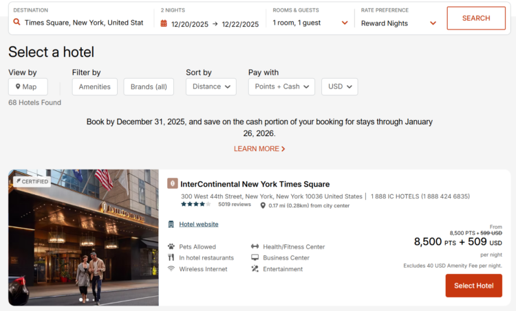 Screenshot of InterContinental New York Times Square with IHG Points and Cash discount