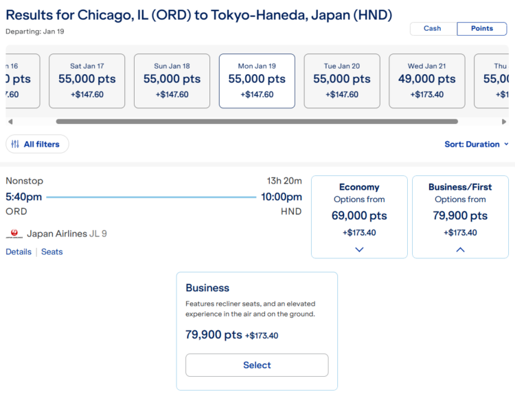 Screenshot of JetBlue award search results showing JAL award from Chicago to Tokyo
