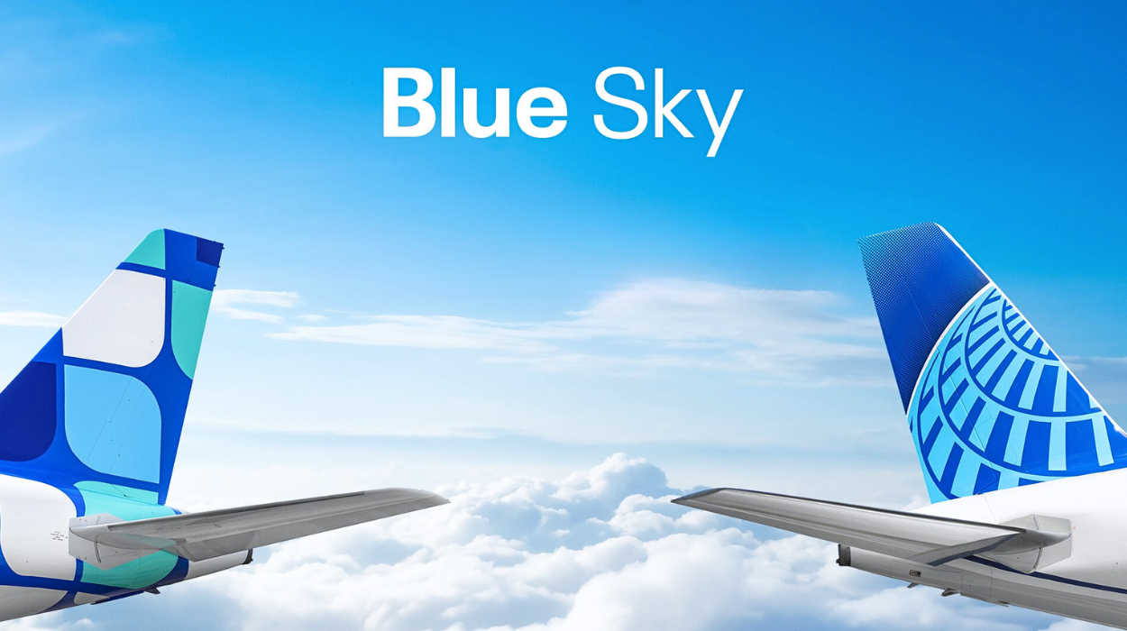 Tails of aircraft belonging to JetBlue and United to promote the Blue Sky partnership between the two airlines