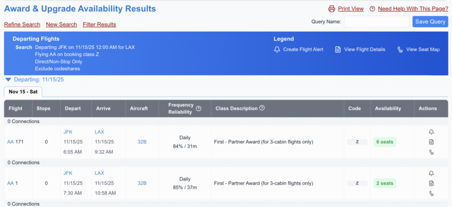 Search results for award space on American Airlines for flights between New York and Los Angeles