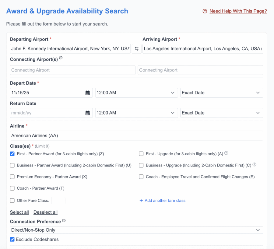 A screenshot from the ExpertFlyer platform showing a search set up for award space on American Airlines between New York and Los Angeles