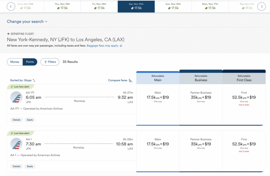 Alaska Airlines' website showing first class partner award space on American Airlines between New York and Los Angeles