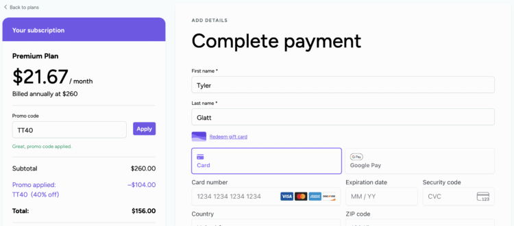 Point.me checkout screen.