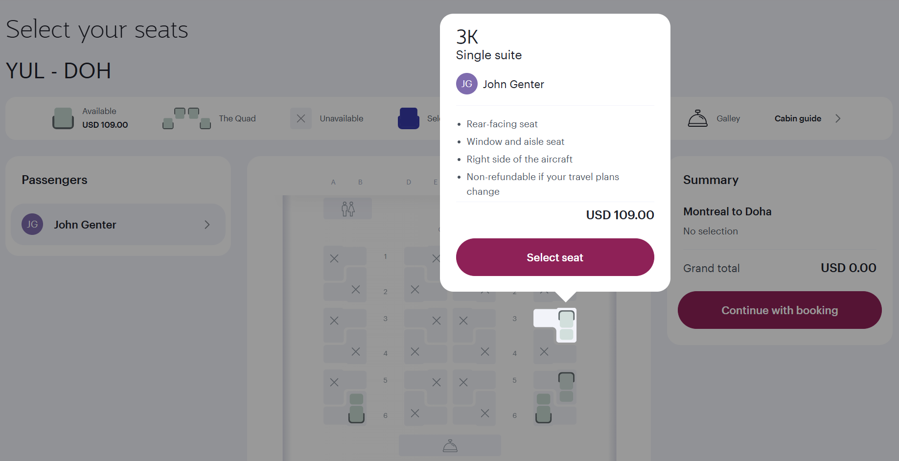 Qatar Airways seat selection fees.