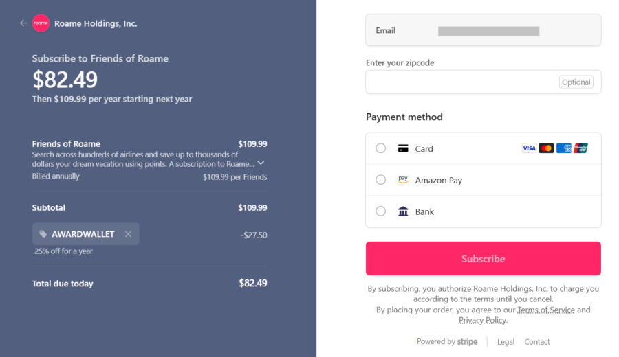 Roame.Travel checkout using promo code AWARDWALLET