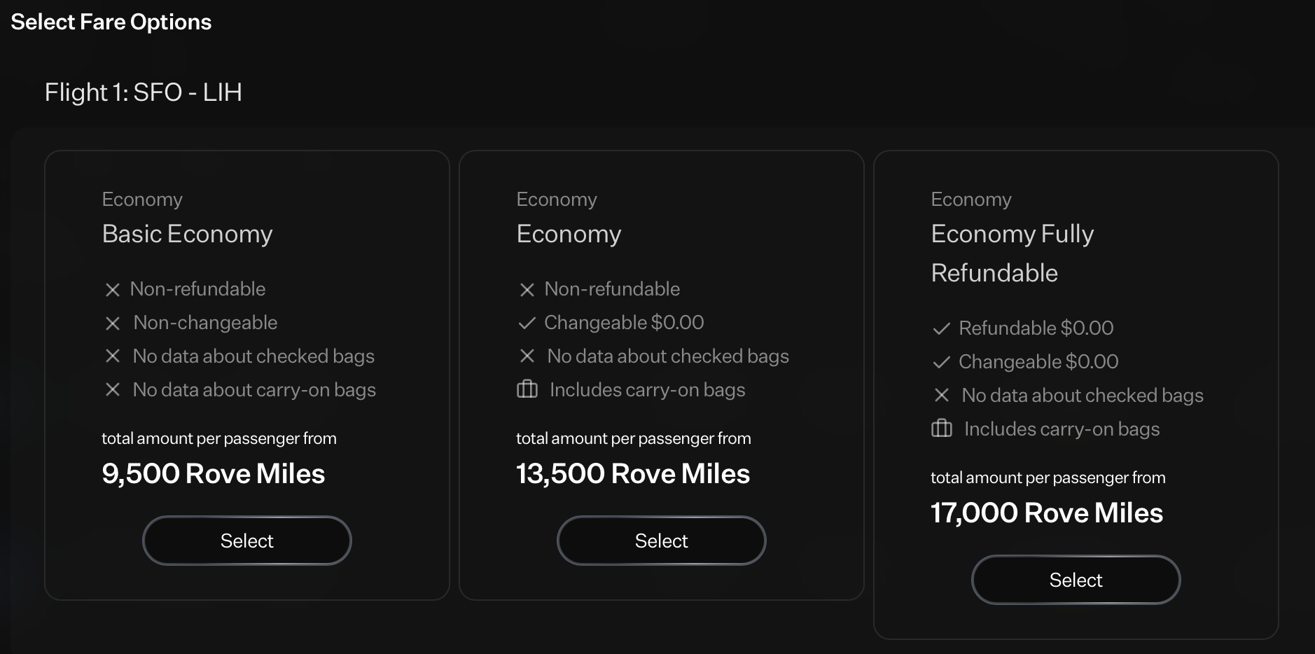 Rove Miles fare classes for SFO to LIH