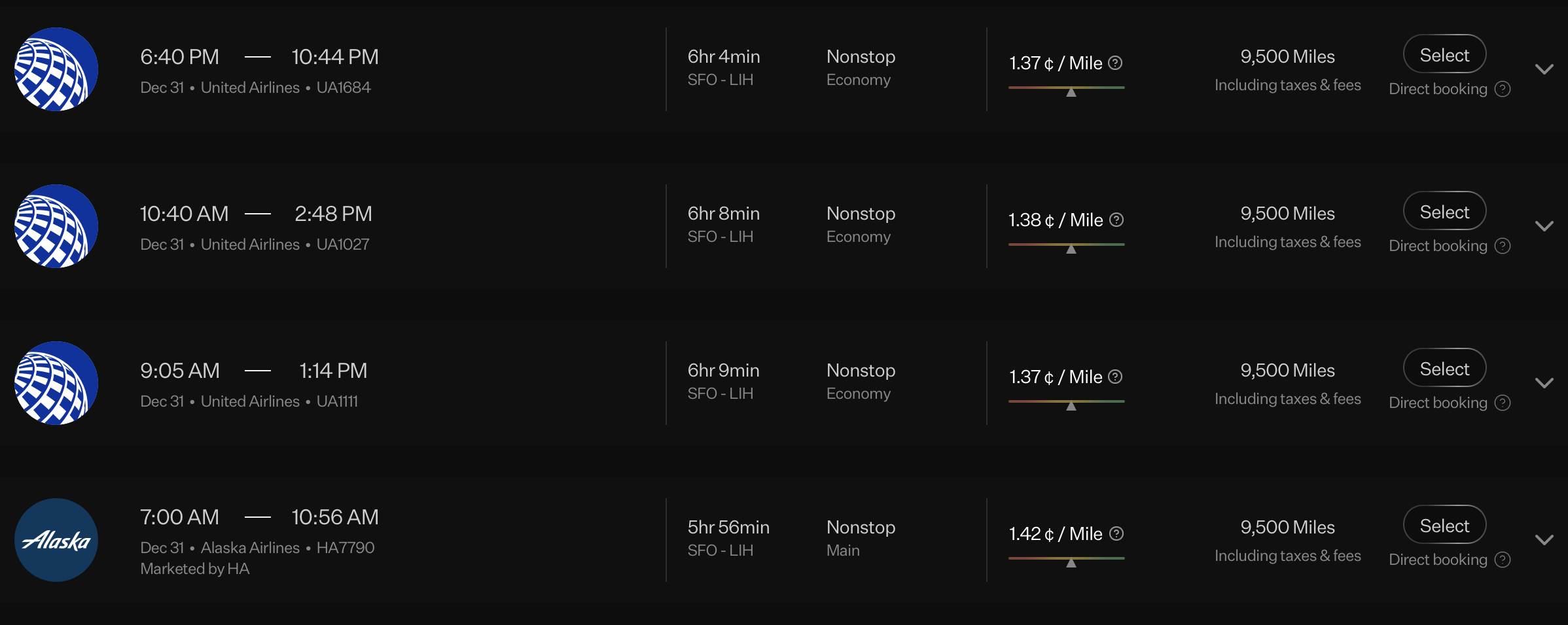 Rove Miles flight results from SFO to LIH