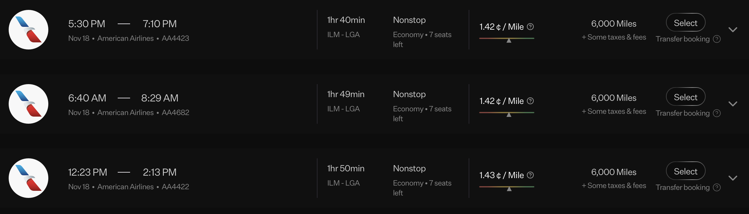 Rove Miles flight results from ILM to LGA
