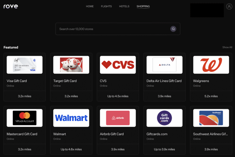 Rove Miles online shopping webpage.