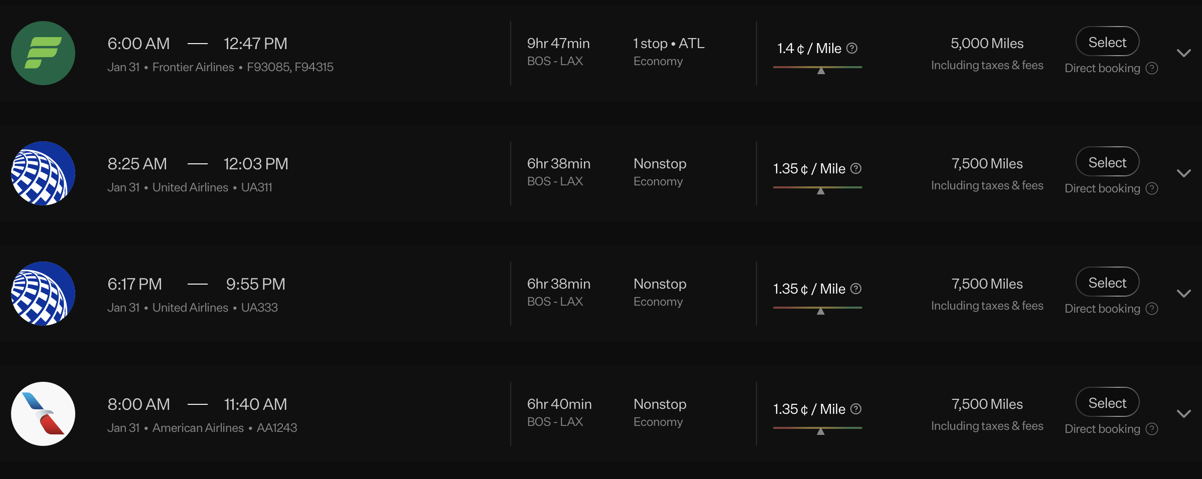 Rove Miles flight results for transcontinental flights.