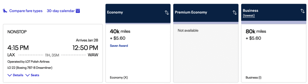 Los Angeles (LAX) to Warsaw (WAW) flight on LOT Airlines