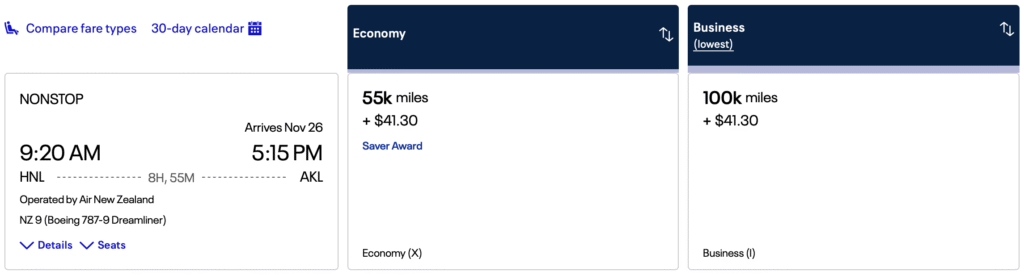 United partner award operated by Air New Zealand