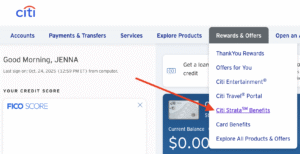 White background with black writing on the Citi website, and a red arrow pointing to card benefits