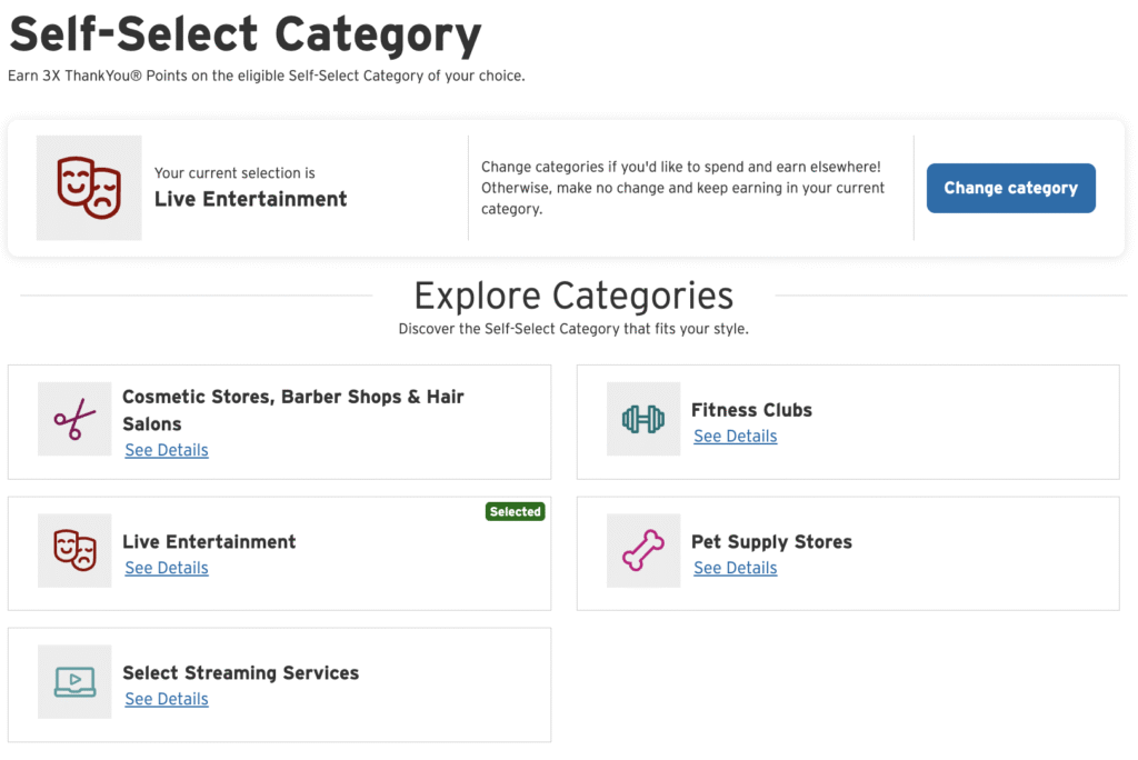 White backgroun with black writing showing the 3X self-select categories on the Citi Strata card.