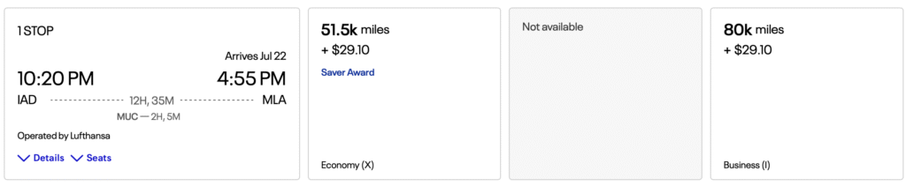 Washington, D.C. (IAD) to Malta (MLA) on Lufthansa