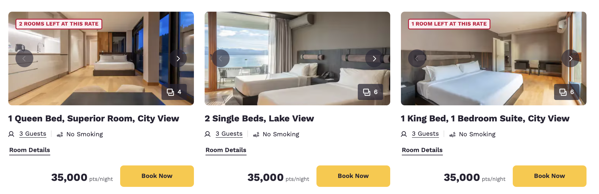 A screenshot of three rooms at the Radisson Blu Bariloche bookable by points