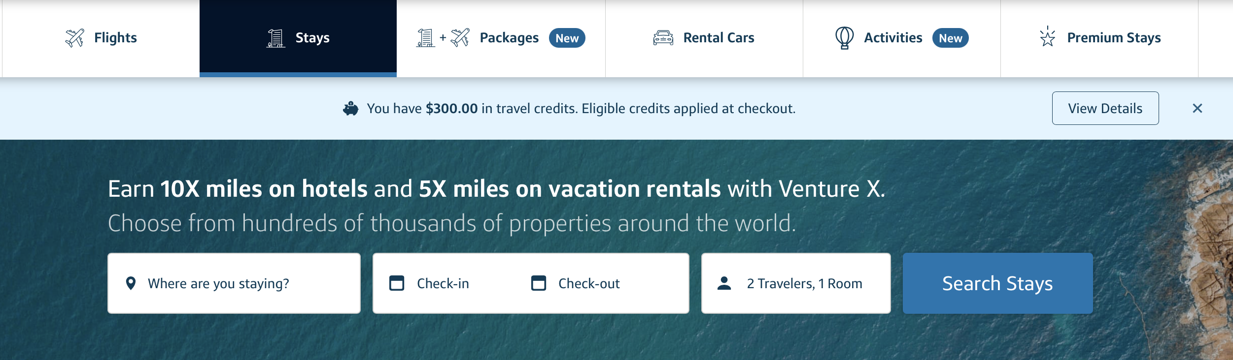 A screenshot of the Capital One Travel homepage. 