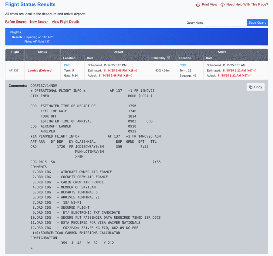 Expanded Flight Information on ExpertFlyer