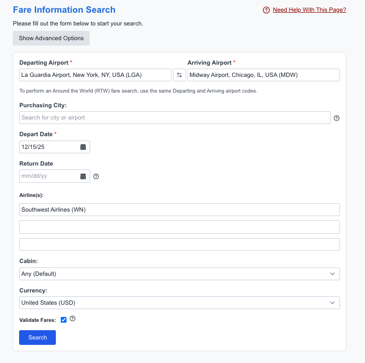 Setting Up A Fare Information Search on ExpertFlyer