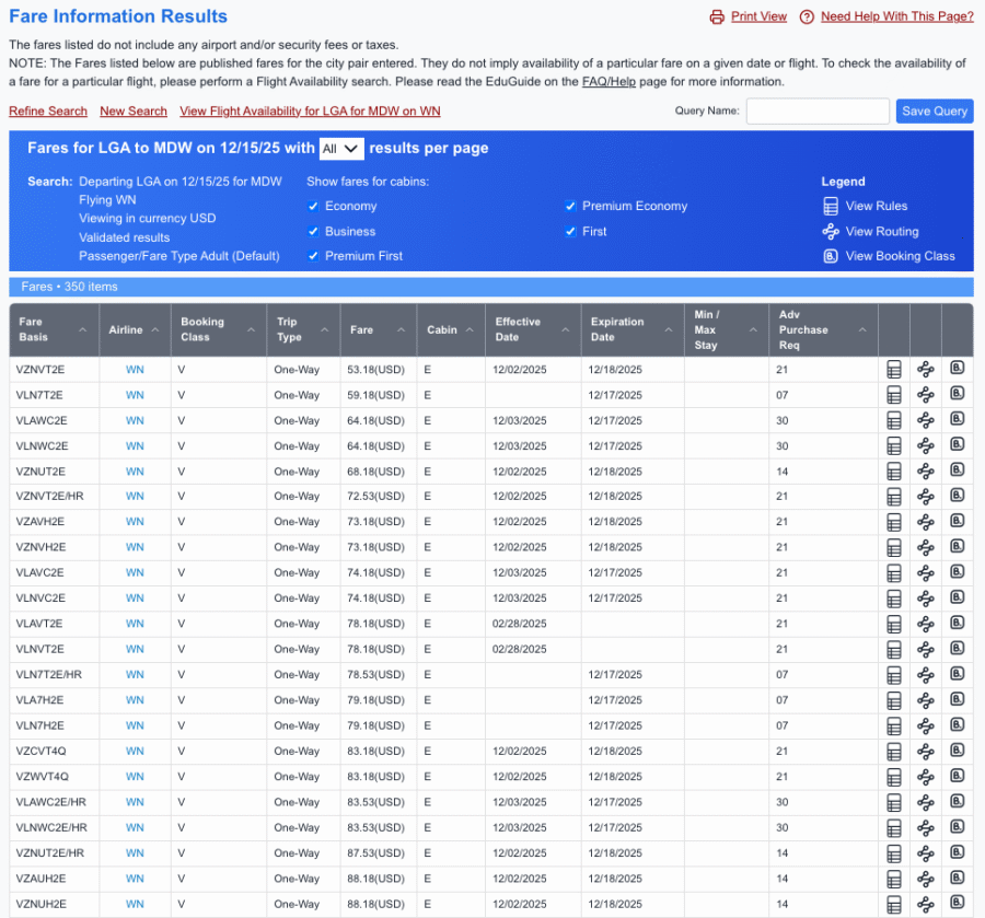 Fare Information Search Results on ExpertFlyer