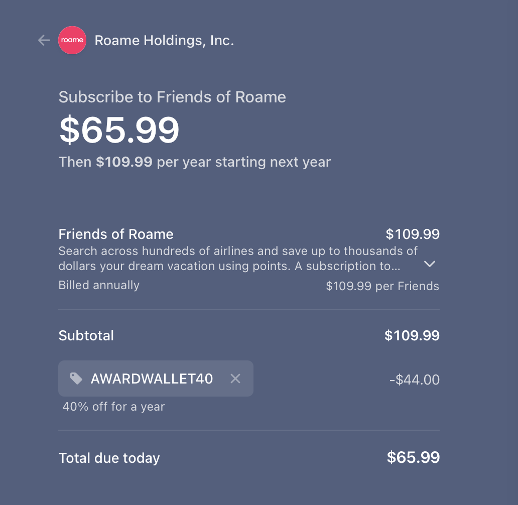 A screenshot of the Roame.Travel checkout using promo code AWARDWALLET40
