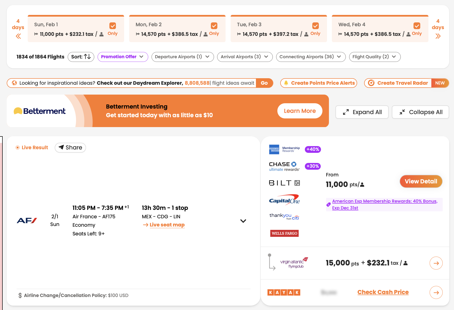 PointsYeah flight results