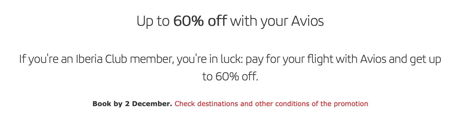 A screenshot of Iberia's 60% off award redemptions promotion