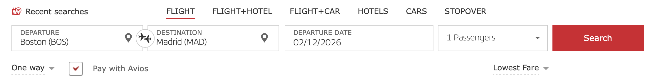 A screenshot of the Iberia Avios search page