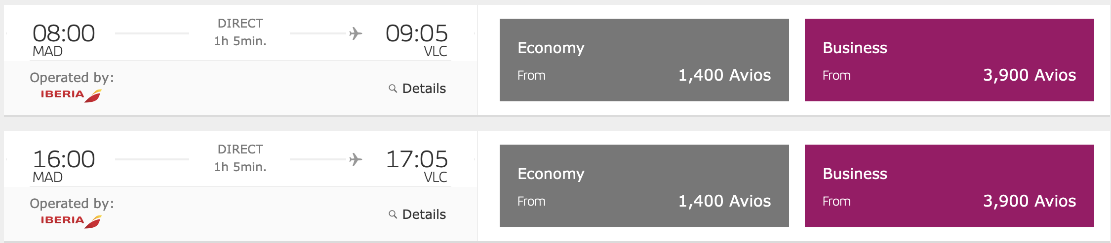 A screenshot of a flight from Madrid to Valencia
