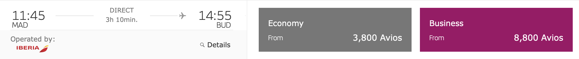 A screenshot of a flight from Madrid to Budapest