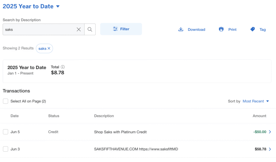 Saks Credit reflected on Amex statement.