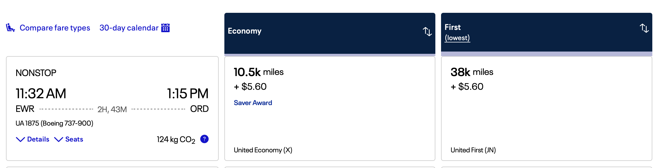 Screenshot of a flight from EWR to ORD using MileagePlus miles