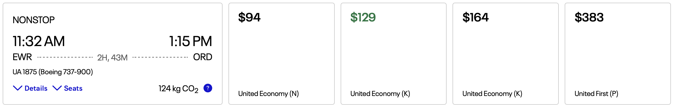 Screenshot of a flight from EWR to ORD using cash