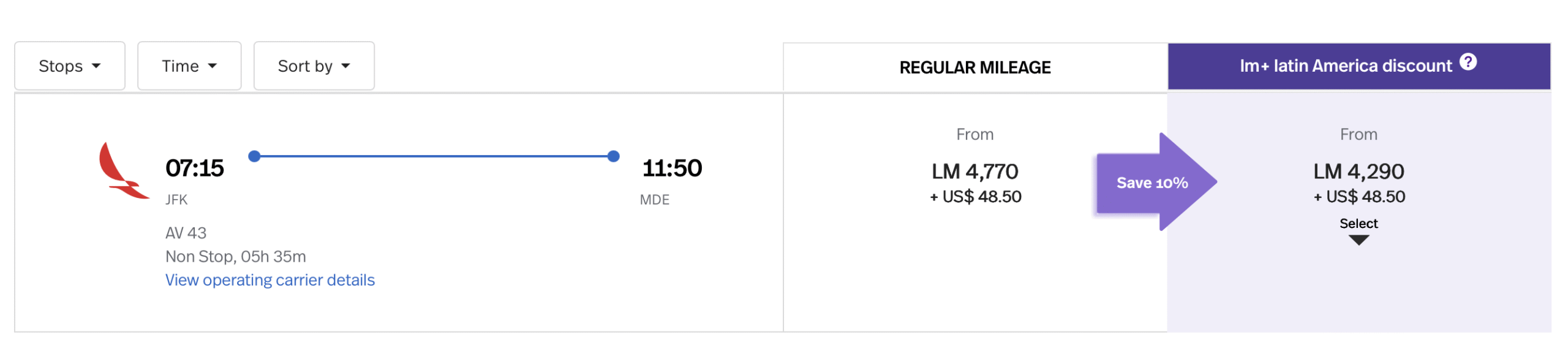 Screenshot of a flight search result from JFK to MDE using LifeMiles