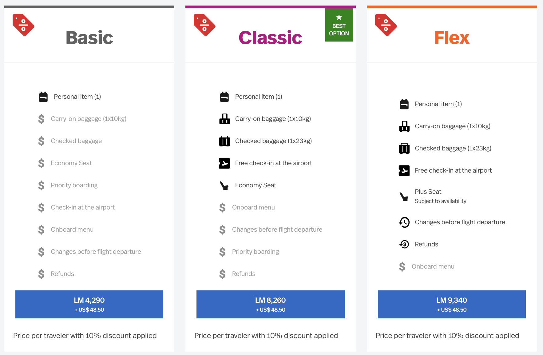 A screenshot showing basic, classic, and flex fares
