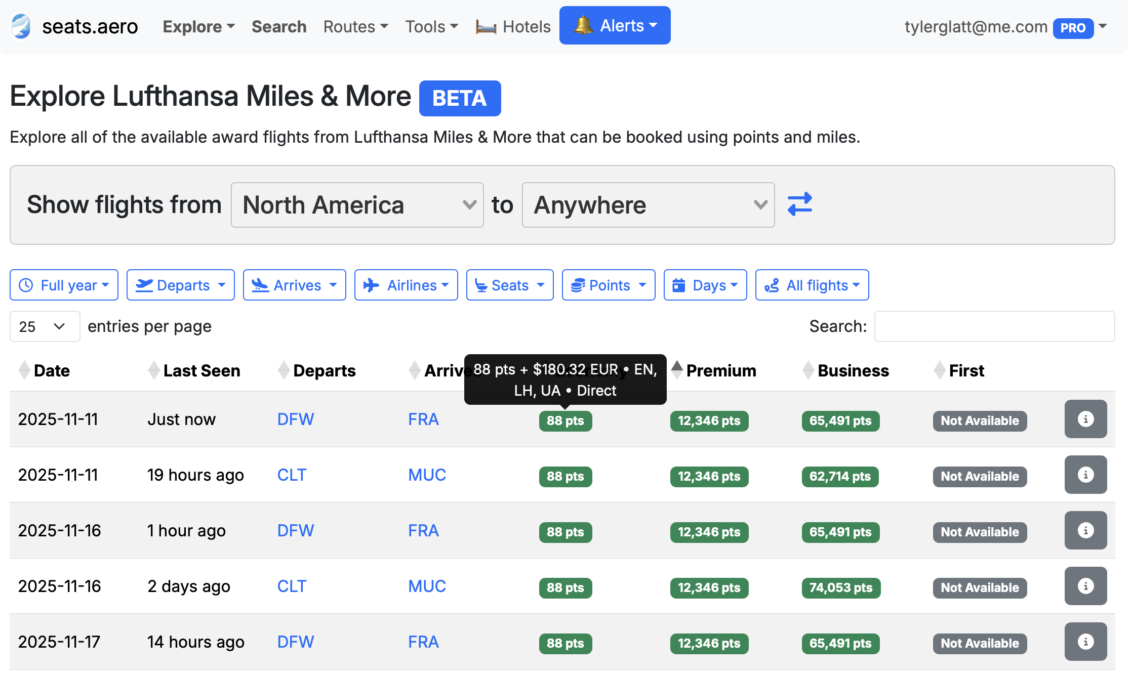 Seats.aero cheap flight results for Miles & More